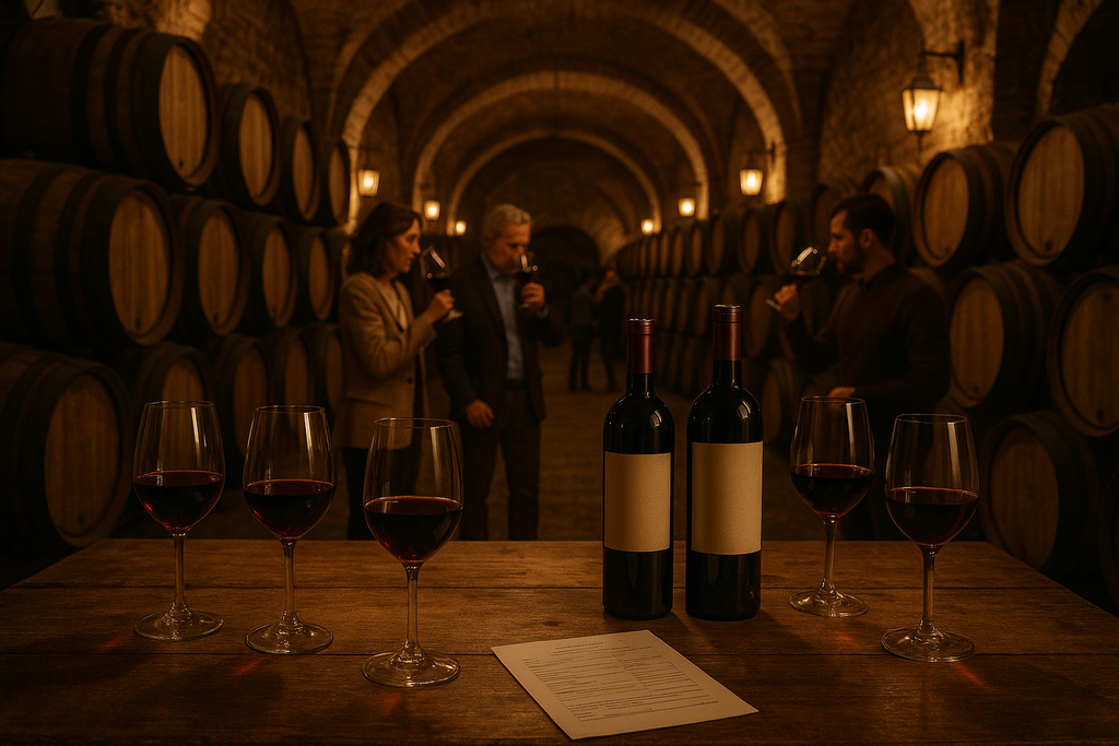 cata de vinos en un bodega rodeada de barricas